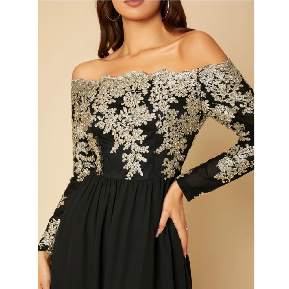 Off Shoulder Embroidered High Slit Maxi Dress Black Gold Long Sleeve - Picture 5 of 16
